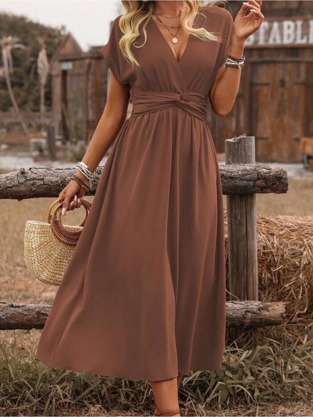 Classic Brown V-Neck Wrap Maxi Dress